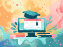 Illustration showing a computer and graduation cap for completing marketing courses.